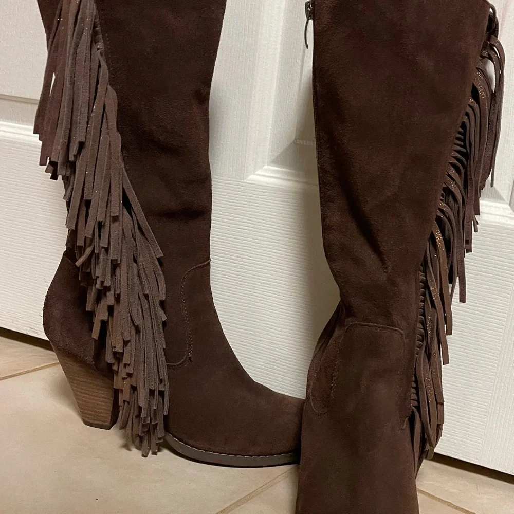 Reba Brown Leather Fringe Boots (All Leather Upper)Fringe on the side. - Picture 3 of 16